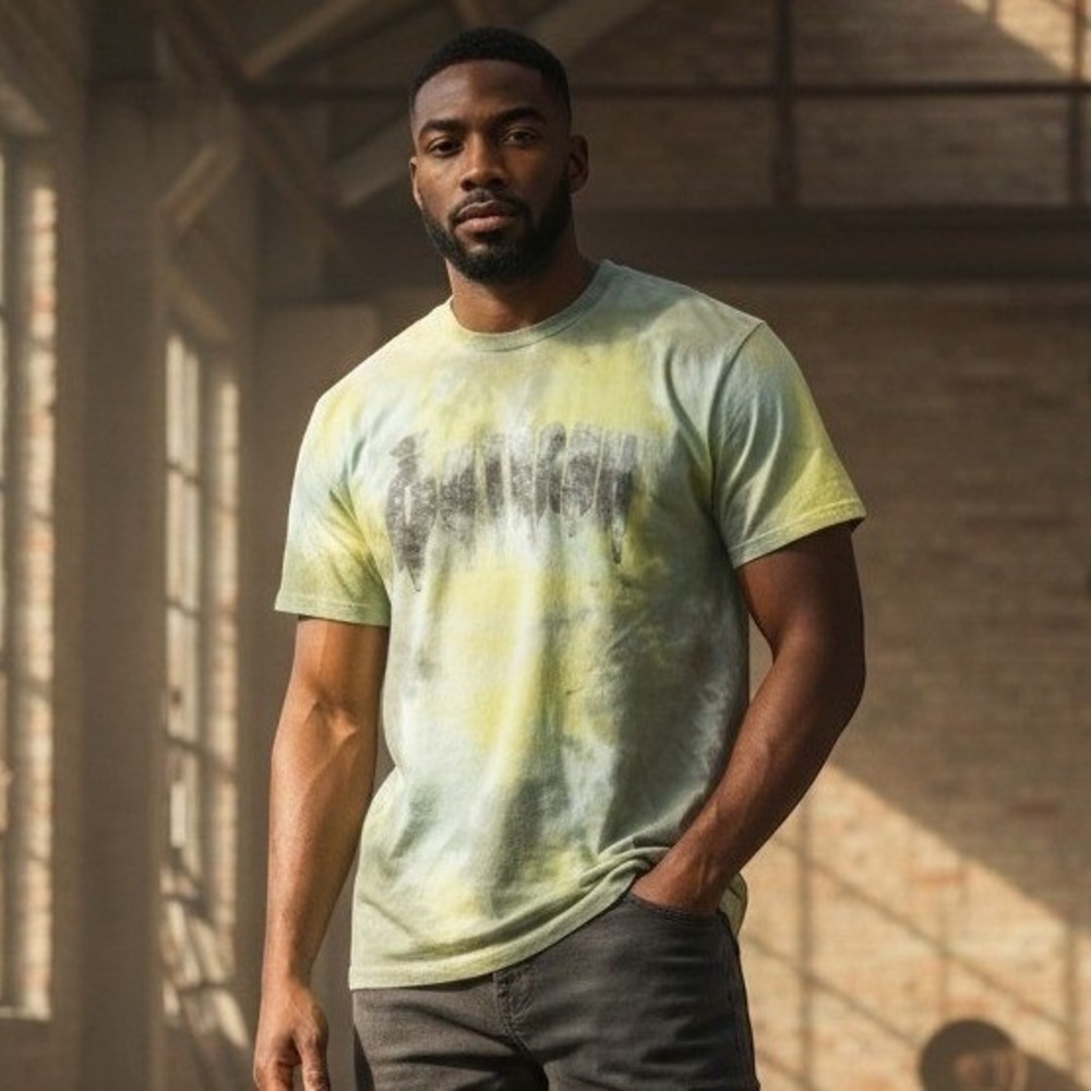 Outrank Brand Mens Tie Dye T-Shirt Green Yellow Chenille Logo Streetwear Size M